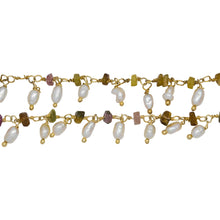 Load image into Gallery viewer, Chain by Foot. Brass Gold Plated 3.35mm Width by 2.10mm Length Natural Hand Cut Tourmaline Stone, With One of 2.75mm Width by 4.15mm Length Rice Pearl Hanging off the Chain, Gem Stone Chain. Price per: 1 Inch.

