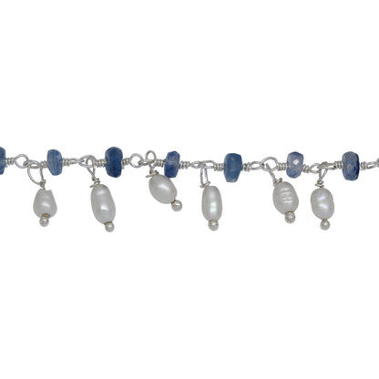 Chain by Foot. Brass Silver Plated 3.65mm Width by 1.95mm Length Natural Hand Cut Kyanite Stone, With One of 2.75mm Width by 3.95mm Length Rice Pearl Hanging off the Chain, Gem Stone Chain. Price per: 1 Inch.