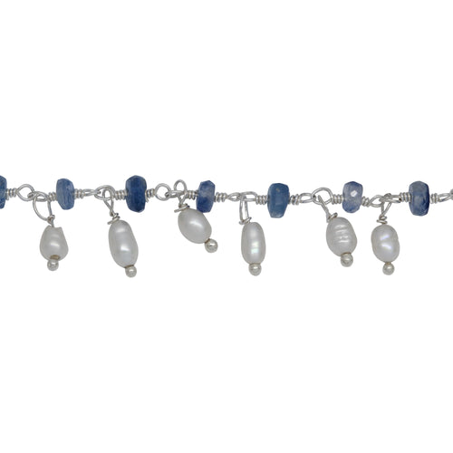 Chain by Foot. Brass Silver Plated 3.65mm Width by 1.95mm Length Natural Hand Cut Kyanite Stone, With One of 2.75mm Width by 3.95mm Length Rice Pearl Hanging off the Chain, Gem Stone Chain. Price per: 1 Inch.
