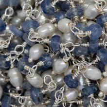 Load image into Gallery viewer, Brass Silver Plated 3.65mm Width by 1.95mm Length Natural Hand Cut Kyanite Stone, With One of 2.75mm Width by 3.95mm Length Rice Pearl Hanging off the Chain, Gem Stone Chain. Price per: 1 Inch.
