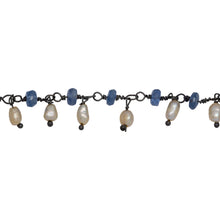 Load image into Gallery viewer, Chain by Foot. Brass Oxidized 3.65mm Width by 1.95mm Length Natural Hand Cut Kyanite Stone, With One of 2.75mm Width by 3.95mm Length Rice Pearl Hanging off the Chain, Gem Stone Chain. Price per: 1 Inch.
