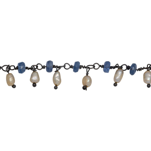 Chain by Foot. Brass Oxidized 3.65mm Width by 1.95mm Length Natural Hand Cut Kyanite Stone, With One of 2.75mm Width by 3.95mm Length Rice Pearl Hanging off the Chain, Gem Stone Chain. Price per: 1 Inch.