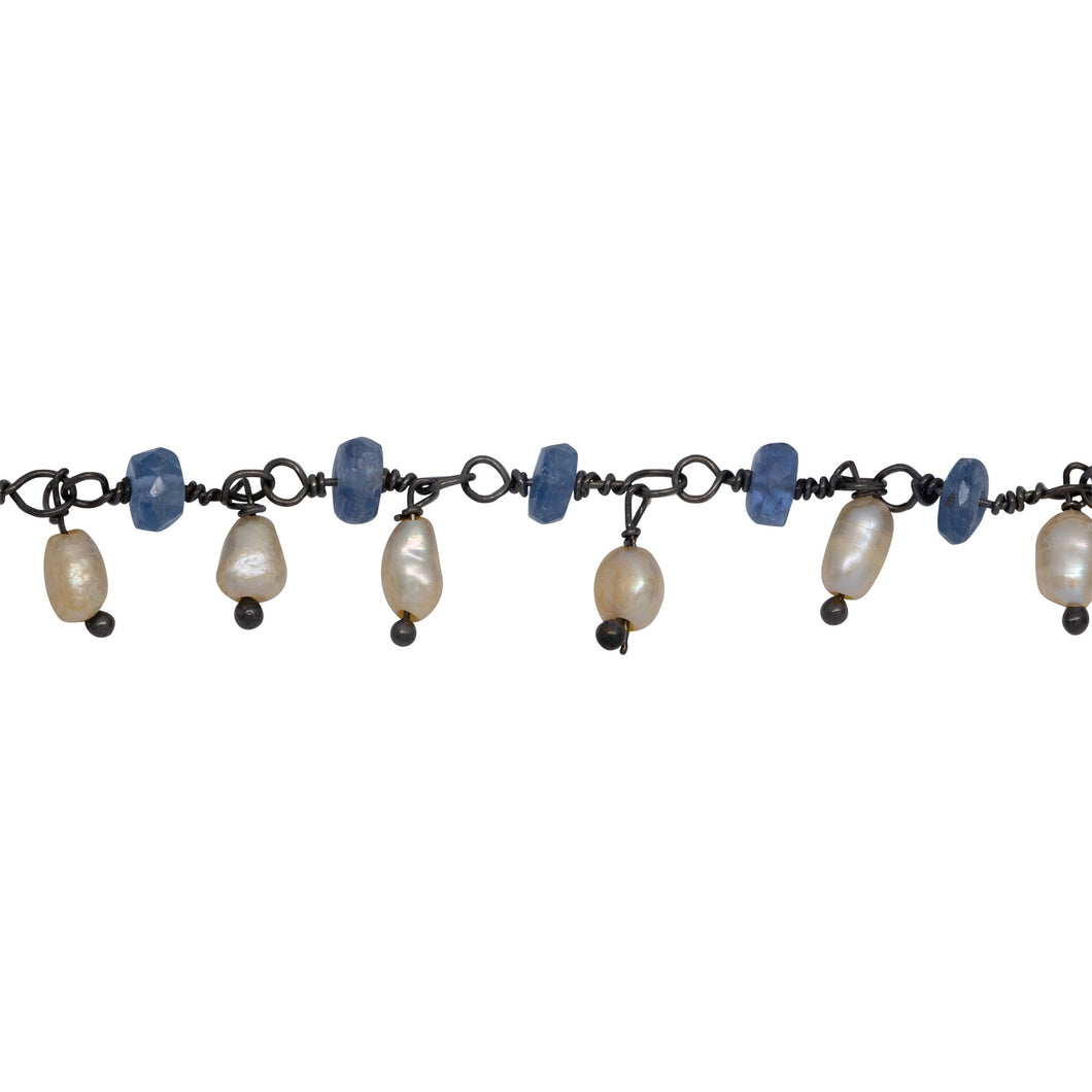 Chain by Foot. Brass Oxidized 3.65mm Width by 1.95mm Length Natural Hand Cut Kyanite Stone, With One of 2.75mm Width by 3.95mm Length Rice Pearl Hanging off the Chain, Gem Stone Chain. Price per: 1 Inch.