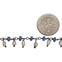 Load image into Gallery viewer, Brass Oxidized 3.65mm Width by 1.95mm Length Natural Hand Cut Kyanite Stone, With One of 2.75mm Width by 3.95mm Length Rice Pearl Hanging off the Chain, Gem Stone Chain. Price per: 1 Inch.
