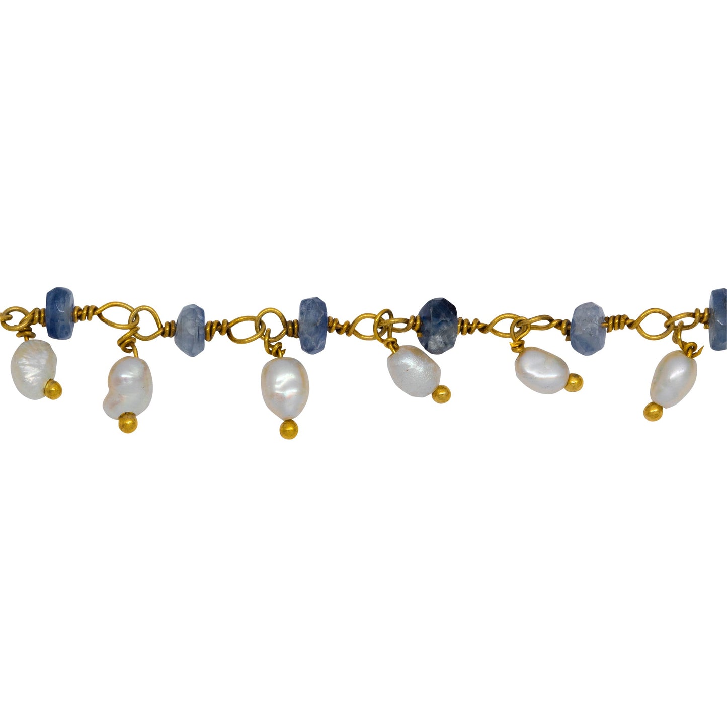 Chain by Foot. Brass Gold Plated 3.65mm Width by 1.95mm Length Natural Hand Cut Kyanite Stone, With One of 2.75mm Width by 3.95mm Length Rice Pearl Hanging off the Chain, Gem Stone Chain. Price per: 1 Inch.