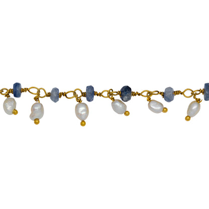 Chain by Foot. Brass Gold Plated 3.65mm Width by 1.95mm Length Natural Hand Cut Kyanite Stone, With One of 2.75mm Width by 3.95mm Length Rice Pearl Hanging off the Chain, Gem Stone Chain. Price per: 1 Inch.