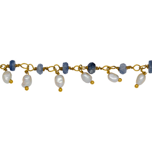 Chain by Foot. Brass Gold Plated 3.65mm Width by 1.95mm Length Natural Hand Cut Kyanite Stone, With One of 2.75mm Width by 3.95mm Length Rice Pearl Hanging off the Chain, Gem Stone Chain. Price per: 1 Inch.