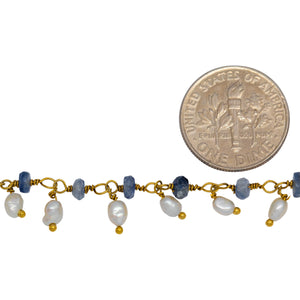 Brass Gold Plated 3.65mm Width by 1.95mm Length Natural Hand Cut Kyanite Stone, With One of 2.75mm Width by 3.95mm Length Rice Pearl Hanging off the Chain, Gem Stone Chain. Price per: 1 Inch.