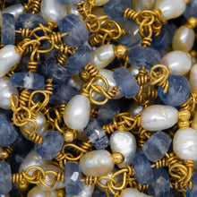 Load image into Gallery viewer, Brass Gold Plated 3.65mm Width by 1.95mm Length Natural Hand Cut Kyanite Stone, With One of 2.75mm Width by 3.95mm Length Rice Pearl Hanging off the Chain, Gem Stone Chain. Price per: 1 Inch.
