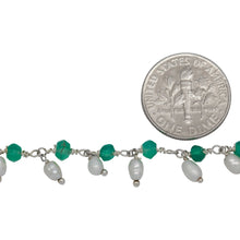 Load image into Gallery viewer, Brass Silver Plated 3.63mm Width by 2.45mm Length Natural Hand Cut Green Onyx Stone, With One of 3.05mm Width by 3.85mm Length Rice Pearl Hanging off the Chain, Gem Stone Chain. Price per: 1 Inch.
