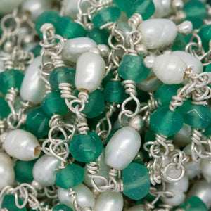 Brass Silver Plated 3.63mm Width by 2.45mm Length Natural Hand Cut Green Onyx Stone, With One of 3.05mm Width by 3.85mm Length Rice Pearl Hanging off the Chain, Gem Stone Chain. Price per: 1 Inch.