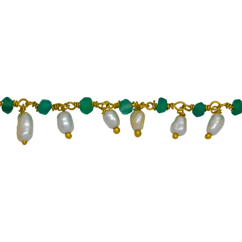 Chain by Foot. Brass Gold Plated 3.63mm Width by 2.45mm Length Natural Hand Cut Green Onyx Stone, With One of 3.05mm Width by 3.85mm Length Rice Pearl Hanging off the Chain, Gem Stone Chain. Price per: 1 Inch.