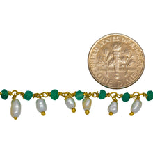 Load image into Gallery viewer, Brass Gold Plated 3.63mm Width by 2.45mm Length Natural Hand Cut Green Onyx Stone, With One of 3.05mm Width by 3.85mm Length Rice Pearl Hanging off the Chain, Gem Stone Chain. Price per: 1 Inch.
