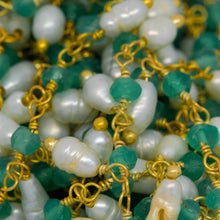 Load image into Gallery viewer, Brass Gold Plated 3.63mm Width by 2.45mm Length Natural Hand Cut Green Onyx Stone, With One of 3.05mm Width by 3.85mm Length Rice Pearl Hanging off the Chain, Gem Stone Chain. Price per: 1 Inch.
