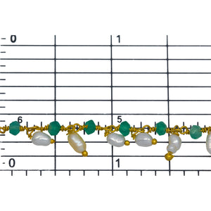 Brass Gold Plated 3.63mm Width by 2.45mm Length Natural Hand Cut Green Onyx Stone, With One of 3.05mm Width by 3.85mm Length Rice Pearl Hanging off the Chain, Gem Stone Chain. Price per: 1 Inch.