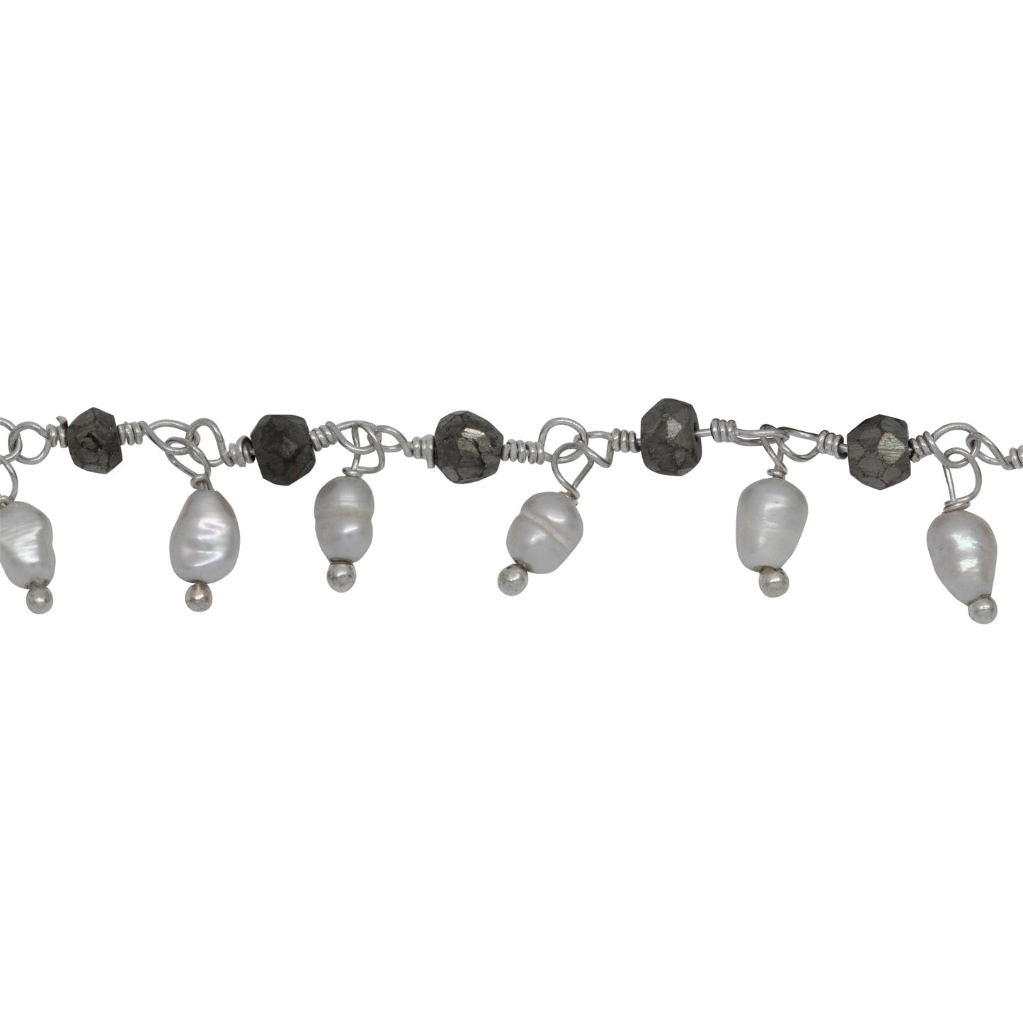 Chain by Foot. Brass Silver Plated 3.65mm Width by 3.40mm Length Natural Hand Cut Pyrite Stone, With One of 3.05mm Width by 3.85mm Length Rice Pearl Hanging off the Chain, Gem Stone Chain. Price per: 1 Inch.