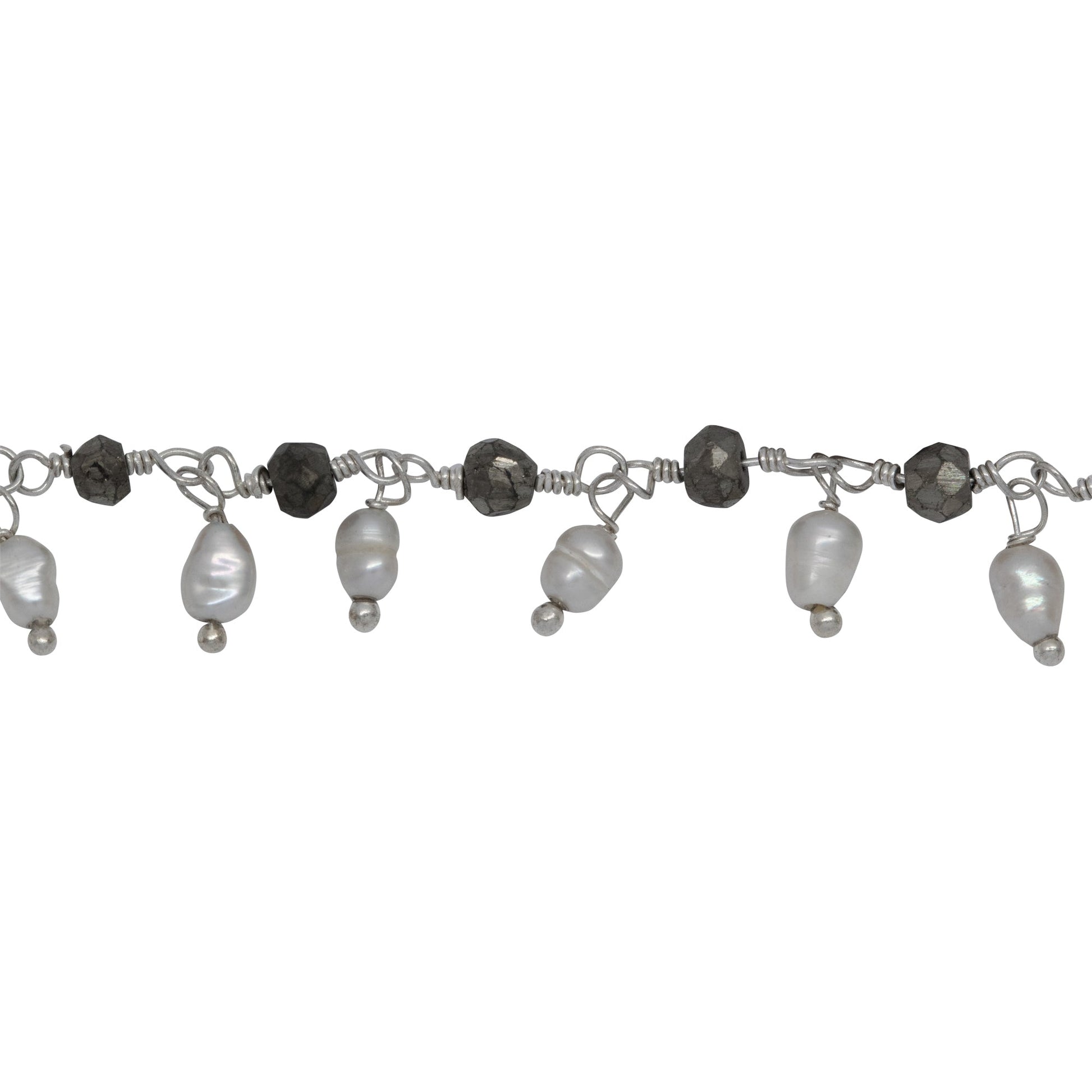 Chain by Foot. Brass Silver Plated 3.65mm Width by 3.40mm Length Natural Hand Cut Pyrite Stone, With One of 3.05mm Width by 3.85mm Length Rice Pearl Hanging off the Chain, Gem Stone Chain. Price per: 1 Inch.
