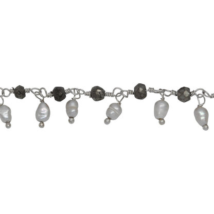 Chain by Foot. Brass Silver Plated 3.65mm Width by 3.40mm Length Natural Hand Cut Pyrite Stone, With One of 3.05mm Width by 3.85mm Length Rice Pearl Hanging off the Chain, Gem Stone Chain. Price per: 1 Inch.