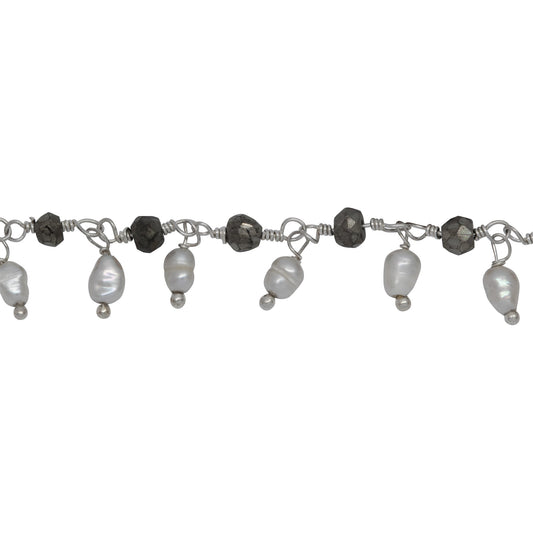 Chain by Foot. Brass Silver Plated 3.65mm Width by 3.40mm Length Natural Hand Cut Pyrite Stone, With One of 3.05mm Width by 3.85mm Length Rice Pearl Hanging off the Chain, Gem Stone Chain. Price per: 1 Inch.