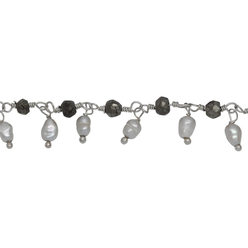 Chain by Foot. Brass Silver Plated 3.65mm Width by 3.40mm Length Natural Hand Cut Pyrite Stone, With One of 3.05mm Width by 3.85mm Length Rice Pearl Hanging off the Chain, Gem Stone Chain. Price per: 1 Inch.