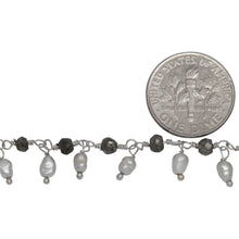 Load image into Gallery viewer, Brass Silver Plated 3.65mm Width by 3.40mm Length Natural Hand Cut Pyrite Stone, With One of 3.05mm Width by 3.85mm Length Rice Pearl Hanging off the Chain, Gem Stone Chain. Price per: 1 Inch.
