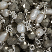 Load image into Gallery viewer, Brass Silver Plated 3.65mm Width by 3.40mm Length Natural Hand Cut Pyrite Stone, With One of 3.05mm Width by 3.85mm Length Rice Pearl Hanging off the Chain, Gem Stone Chain. Price per: 1 Inch.
