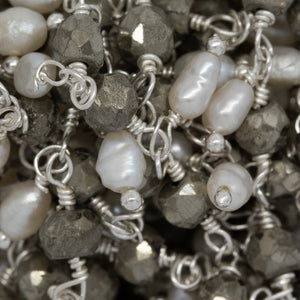 Brass Silver Plated 3.65mm Width by 3.40mm Length Natural Hand Cut Pyrite Stone, With One of 3.05mm Width by 3.85mm Length Rice Pearl Hanging off the Chain, Gem Stone Chain. Price per: 1 Inch.