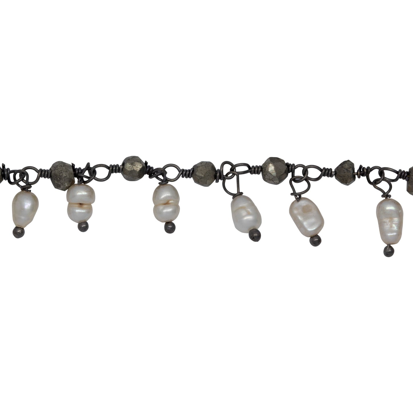 Chain by Foot. Brass Oxidized 3.65mm Width by 3.40mm Length Natural Hand Cut Pyrite Stone, With One of 3.05mm Width by 3.85mm Length Rice Pearl Hanging off the Chain, Gem Stone Chain. Price per: 1 Inch.
