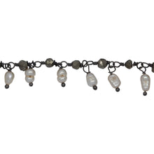 Load image into Gallery viewer, Chain by Foot. Brass Oxidized 3.65mm Width by 3.40mm Length Natural Hand Cut Pyrite Stone, With One of 3.05mm Width by 3.85mm Length Rice Pearl Hanging off the Chain, Gem Stone Chain. Price per: 1 Inch.
