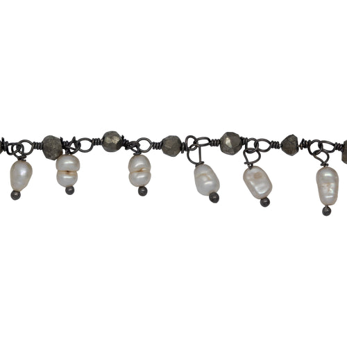 Chain by Foot. Brass Oxidized 3.65mm Width by 3.40mm Length Natural Hand Cut Pyrite Stone, With One of 3.05mm Width by 3.85mm Length Rice Pearl Hanging off the Chain, Gem Stone Chain. Price per: 1 Inch.