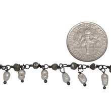 Load image into Gallery viewer, Brass Oxidized 3.65mm Width by 3.40mm Length Natural Hand Cut Pyrite Stone, With One of 3.05mm Width by 3.85mm Length Rice Pearl Hanging off the Chain, Gem Stone Chain. Price per: 1 Inch.
