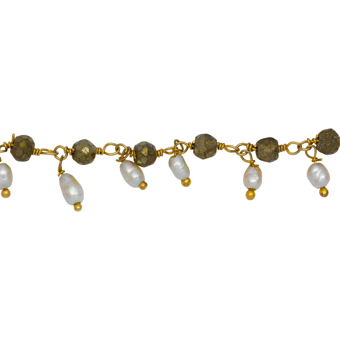 Chain by Foot. Brass Gold Plated 3.65mm Width by 3.40mm Length Natural Hand Cut Pyrite Stone, With One of 3.05mm Width by 3.85mm Length Rice Pearl Hanging off the Chain, Gem Stone Chain. Price per: 1 Inch.