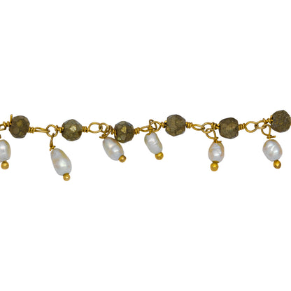 Chain by Foot. Brass Gold Plated 3.65mm Width by 3.40mm Length Natural Hand Cut Pyrite Stone, With One of 3.05mm Width by 3.85mm Length Rice Pearl Hanging off the Chain, Gem Stone Chain. Price per: 1 Inch.