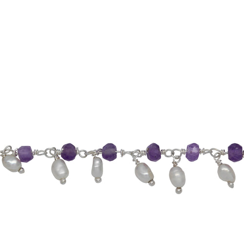 Chain by Foot. Brass Silver Plated 3.50mm Width by 2.60mm Length Natural Hand Cut Amethyst Stone, With One of 3.15mm Width by 3.85mm Length Rice Pearl Hanging off the Chain, Gem Stone Chain. Price per: 1 Inch.