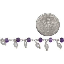 Load image into Gallery viewer, Brass Silver Plated 3.50mm Width by 2.60mm Length Natural Hand Cut Amethyst Stone, With One of 3.15mm Width by 3.85mm Length Rice Pearl Hanging off the Chain, Gem Stone Chain. Price per: 1 Inch.
