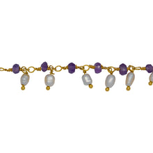 Load image into Gallery viewer, Chain by Foot. Brass Gold Plated 3.50mm Width by 2.60mm Length Natural Hand Cut Amethyst Stone, With One of 3.15mm Width by 3.85mm Length Rice Pearl Hanging off the Chain, Gem Stone Chain. Price per: 1 Inch.
