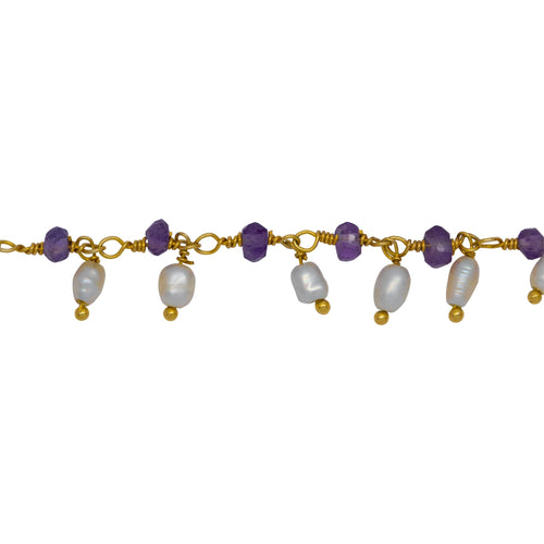 Chain by Foot. Brass Gold Plated 3.50mm Width by 2.60mm Length Natural Hand Cut Amethyst Stone, With One of 3.15mm Width by 3.85mm Length Rice Pearl Hanging off the Chain, Gem Stone Chain. Price per: 1 Inch.