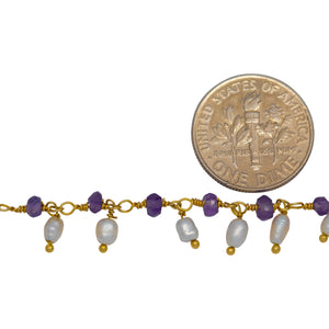 Brass Gold Plated 3.50mm Width by 2.60mm Length Natural Hand Cut Amethyst Stone, With One of 3.15mm Width by 3.85mm Length Rice Pearl Hanging off the Chain, Gem Stone Chain. Price per: 1 Inch.