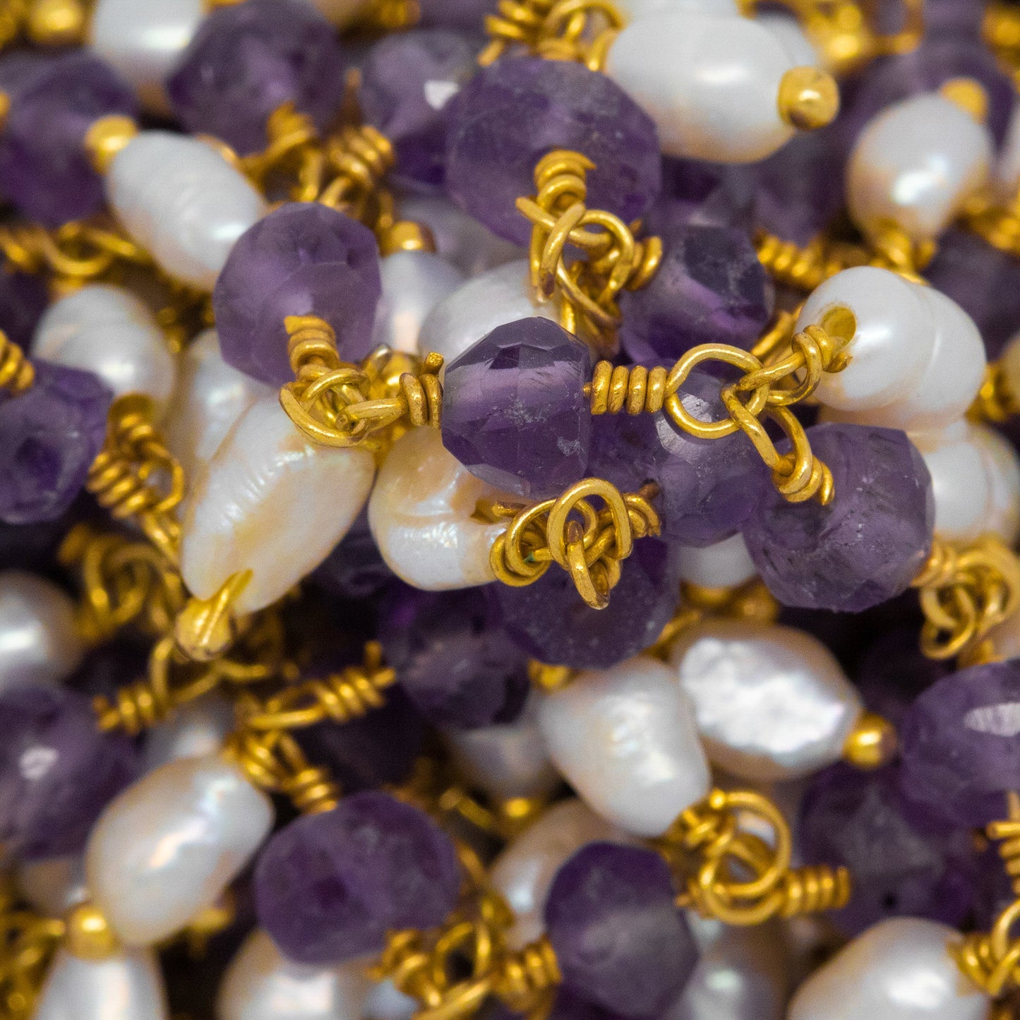 Brass Gold Plated 3.50mm Width by 2.60mm Length Natural Hand Cut Amethyst Stone, With One of 3.15mm Width by 3.85mm Length Rice Pearl Hanging off the Chain, Gem Stone Chain. Price per: 1 Inch.