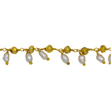 Load image into Gallery viewer, Chain by Foot. Brass Gold Plated 3.25mm Width by 2.36mm Length Natural Hand Cut Pyrite Stone, With One of 3.15mm Width by 3.85mm Length Rice Pearl Hanging off the Chain, Gem Stone Chain. Price per: 1 Inch.

