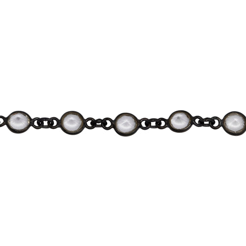 Chain by Foot. Sterling Silver Oxidized 5.7mm Width / Length Crystal Round Bezel Set Connected by 2.87mm Width / Length Smooth Circle On Each Side, Followed by 2.8mm Width by 3.8mm Length Smooth Oval Link, Bezel Set Chain. Price per: 1 Inch.