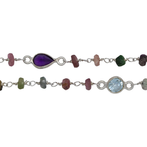 Chain by Foot. Brass Silver Plated 3.50mm Width by 2.60mm Length Natural Hand Cut Tourmaline MultiStone Chain, With MultiStone Bazel Set Connected by 3.16mm Width / Length Smooth Circle on each side, Every 3 Inches, Bazel Set Chain. Price per: 1 Inch.