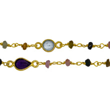 Load image into Gallery viewer, Chain by Foot. Brass Gold Plated 3.50mm Width by 2.60mm Length Natural Hand Cut Tourmaline MultiStone Chain, With MultiStone Bazel Set Connected by 3.16mm Width / Length Smooth Circle on each side, Every 3 Inches, Bazel Set Chain. Price per: 1 Inch.
