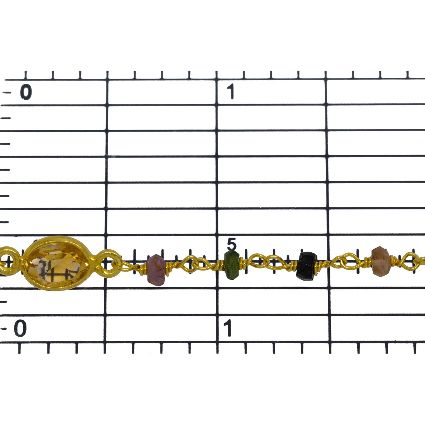 Brass Gold Plated 3.50mm Width by 2.60mm Length Natural Hand Cut Tourmaline MultiStone Chain, With MultiStone Bazel Set Connected by 3.16mm Width / Length Smooth Circle on each side, Every 3 Inches, Bazel Set Chain. Price per: 1 Inch.