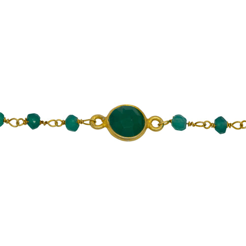 Chain by Foot. Sterling Silver 3.25mm Width by 2.50mm Length Natural Hand Cut Green Onyx Stone With 8.1mm Width / Length Green Onyx Round Bezel Set Connected by 3.10mm Width / Length Smooth Circle On Each Side, Every 3 Inches, Bezel Set Chain. Price per: 1 Inch.