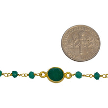 Load image into Gallery viewer, Sterling Silver 3.25mm Width by 2.50mm Length Natural Hand Cut Green Onyx Stone With 8.1mm Width / Length Green Onyx Round Bezel Set Connected by 3.10mm Width / Length Smooth Circle On Each Side, Every 3 Inches, Bezel Set Chain. Price per: 1 Inch.
