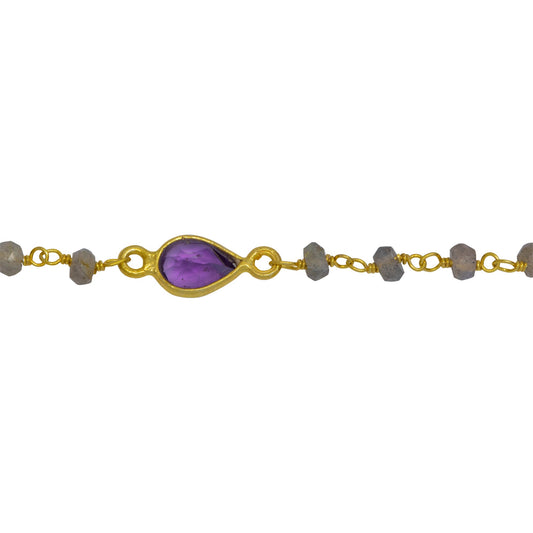 Chain by Foot. Sterling Silver Gold Plated 3.25mm by 2.41mm Natural Hand Cut Labradorite Stone Chain, With 5 Different Pattern of MultiStone Bezel Set Connected by 3.16mm Width / Length Smooth Circle on each side, Every 3 Inches, Bezel Set Chain. Price per: 1 Inch.