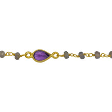 Load image into Gallery viewer, Chain by Foot. Sterling Silver Gold Plated 3.25mm by 2.41mm Natural Hand Cut Labradorite Stone Chain, With 5 Different Pattern of MultiStone Bezel Set Connected by 3.16mm Width / Length Smooth Circle on each side, Every 3 Inches, Bezel Set Chain. Price per: 1 Inch.
