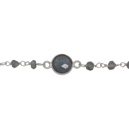 Chain by Foot. Sterling Silver 3.35mm Width by 2.50mm Length Natural Hand Cut Labradorite Stone With 7.96mm Width / Length Labradorite Round Bezel Set Connected by 3.10mm Width / Length Smooth Circle On Each Side, Every 3 Inches, Bezel Set Chain. Price per: 1 Inch.