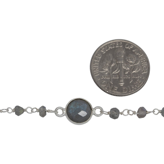 Sterling Silver 3.35mm Width by 2.50mm Length Natural Hand Cut Labradorite Stone With 7.96mm Width / Length Labradorite Round Bezel Set Connected by 3.10mm Width / Length Smooth Circle On Each Side, Every 3 Inches, Bezel Set Chain. Price per: 1 Inch.